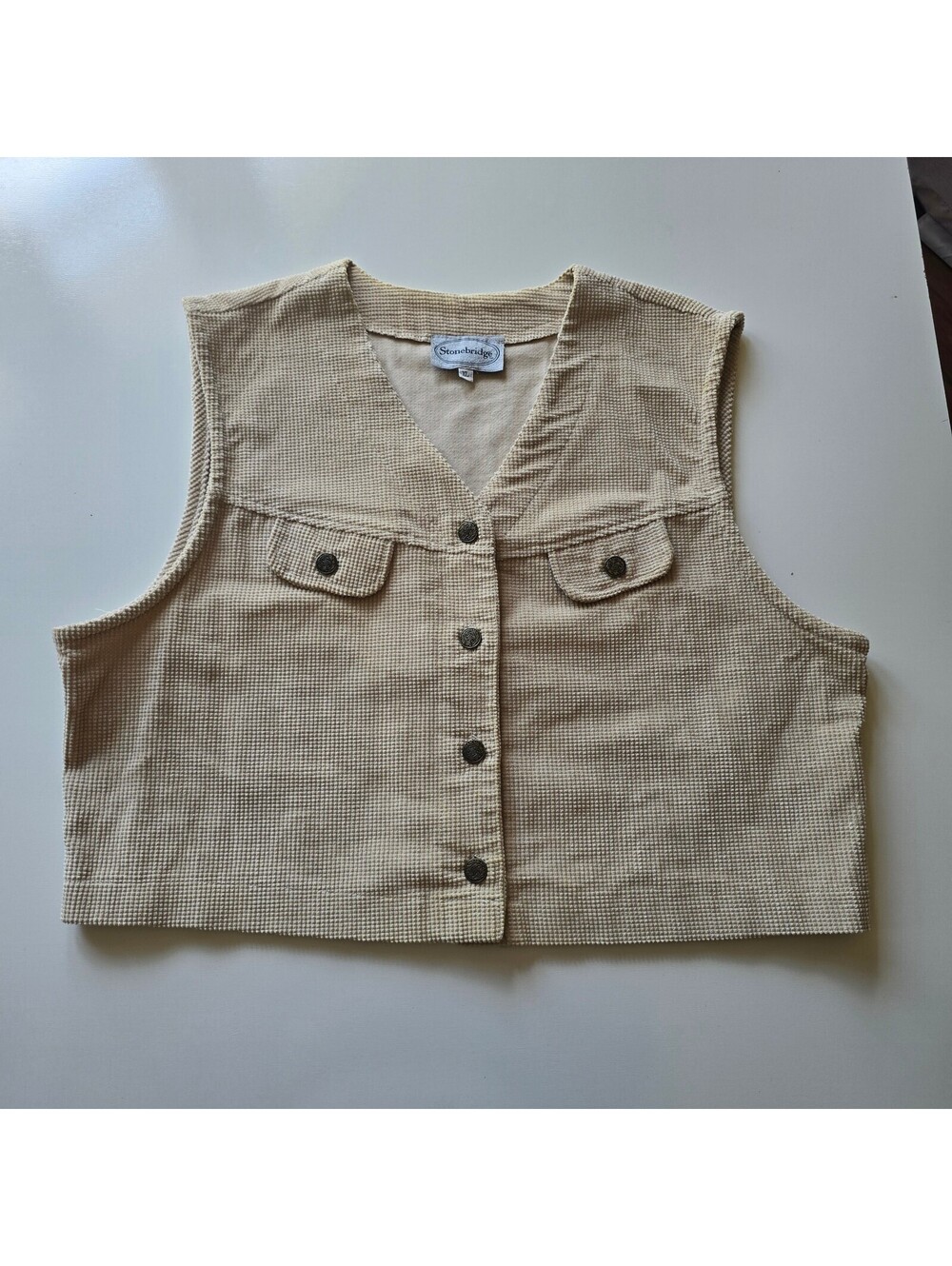 VTG Stonebridge Womens XL Tan Fine Corduroy Button Front Vest Western